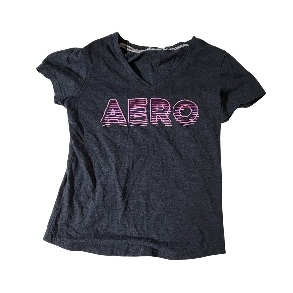 Aeropostale Sport Womens V-Neck Graphic T-Shirt Charcoal Grey Pink Logo Small